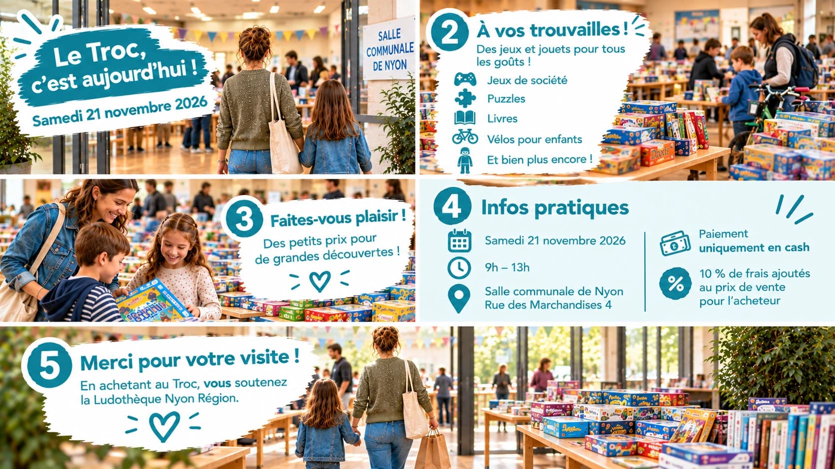 Le troc, c'est aujourd'hui : des jeux, puzzles, livres et vélos pour tous les goûts, à petits prix. Infos pratiques : samedi 21 novembre 2026, 9h-13h, salle communale de Nyon, paiement uniquement en cash, 10% de frais ajoutés au prix de vente pour l'acheteur.